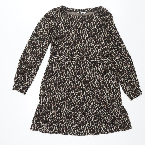NEXT Womens Brown Animal Print Viscose A-Line Size 10 Round Neck Pullover - Leopard Print Frill Belted