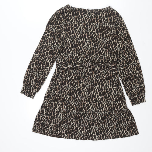 NEXT Womens Brown Animal Print Viscose A-Line Size 10 Round Neck Pullover - Leopard Print Frill Belted