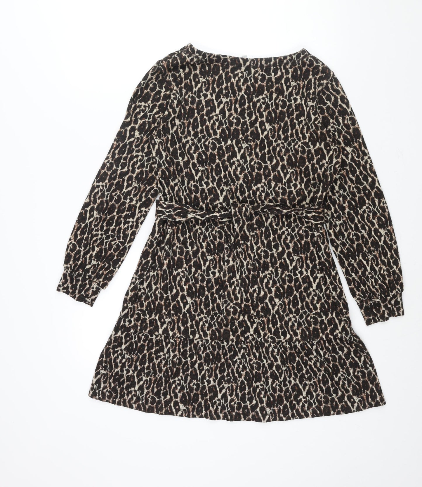 NEXT Womens Brown Animal Print Viscose A-Line Size 10 Round Neck Pullover - Leopard Print Frill Belted