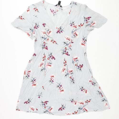 New Look Womens Grey Floral Viscose A-Line Size 12 V-Neck Pullover - Belted