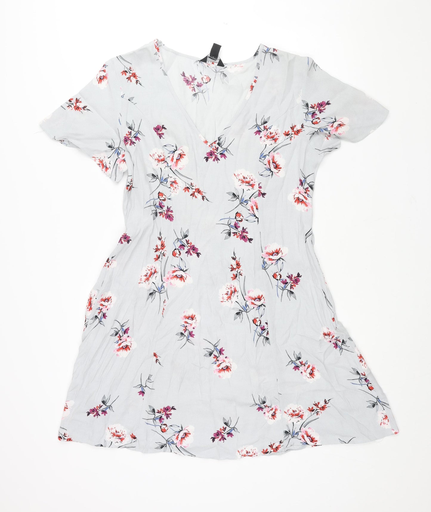 New Look Womens Grey Floral Viscose A-Line Size 12 V-Neck Pullover - Belted