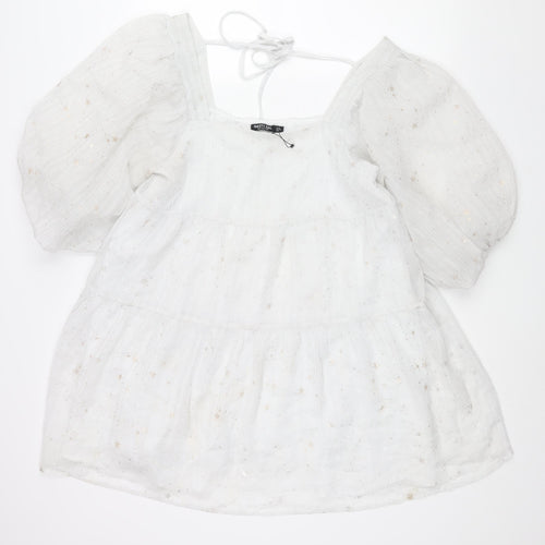 Nasty Gal Womens White Geometric Polyester A-Line Size 12 Square Neck Tie - Puff Sleeve Star Print Smocked