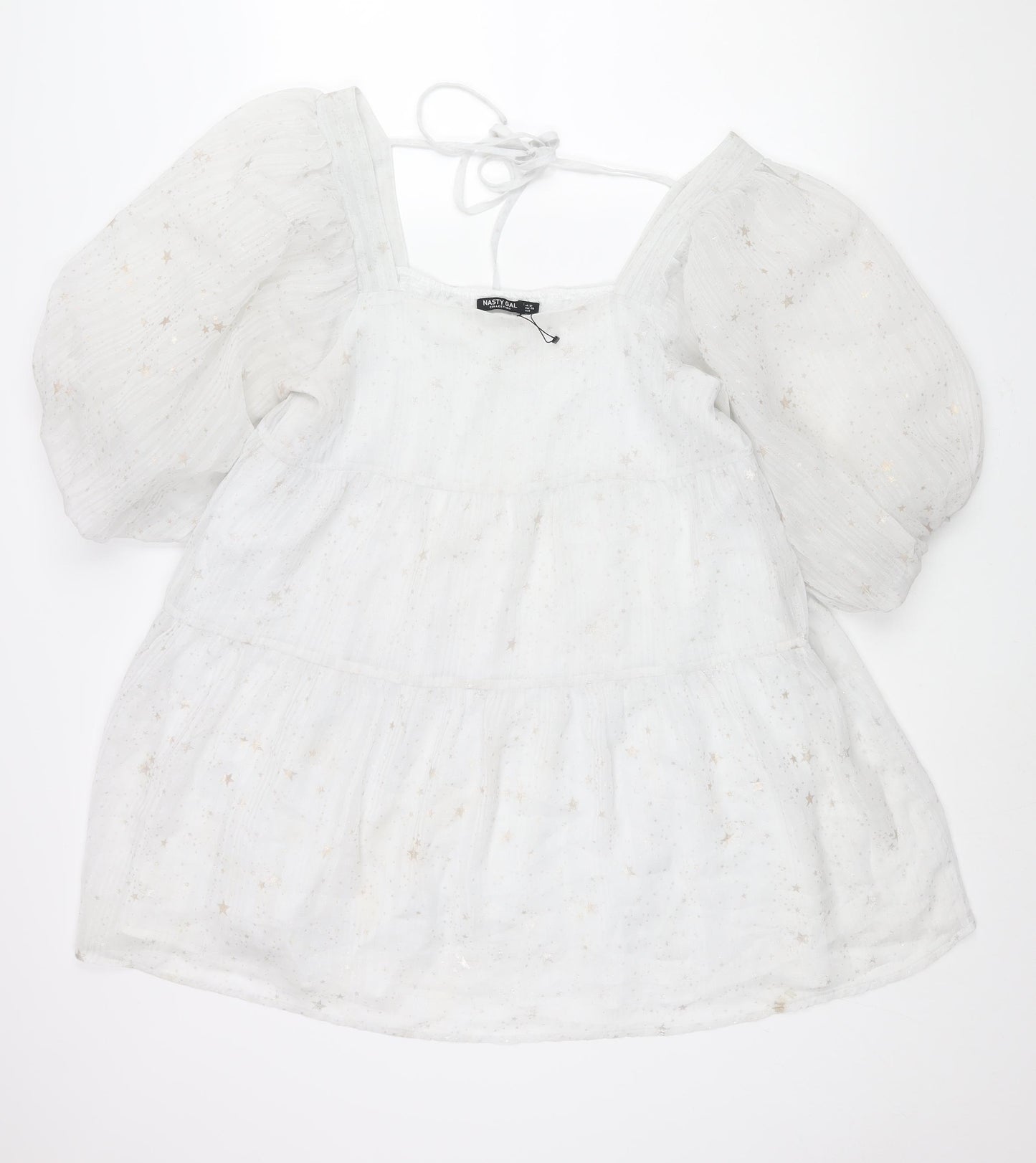 Nasty Gal Womens White Geometric Polyester A-Line Size 12 Square Neck Tie - Puff Sleeve Star Print Smocked