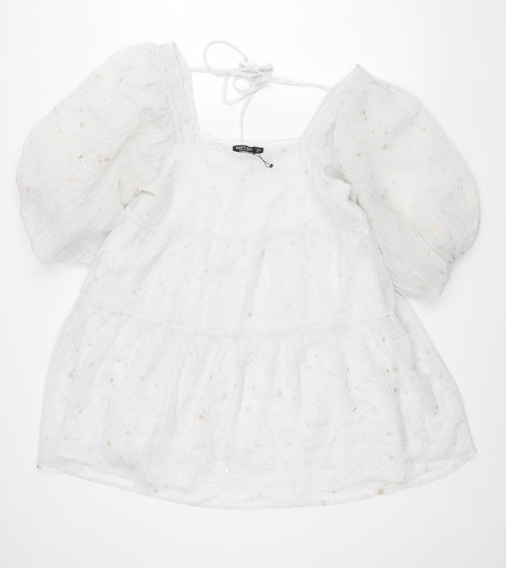 Nasty Gal Womens White Geometric Polyester A-Line Size 12 Square Neck Tie - Puff Sleeve Star Print Smocked
