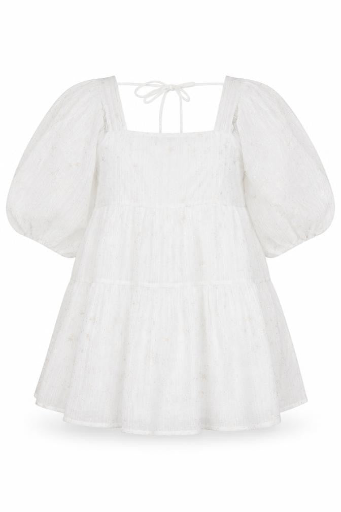 Nasty Gal Womens White Geometric Polyester A-Line Size 12 Square Neck Tie - Puff Sleeve Star Print Smocked