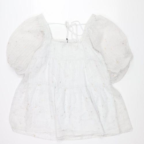 Nasty Gal Womens White Geometric Polyester A-Line Size 12 Square Neck Tie - Puff Sleeve Star Print Smocked