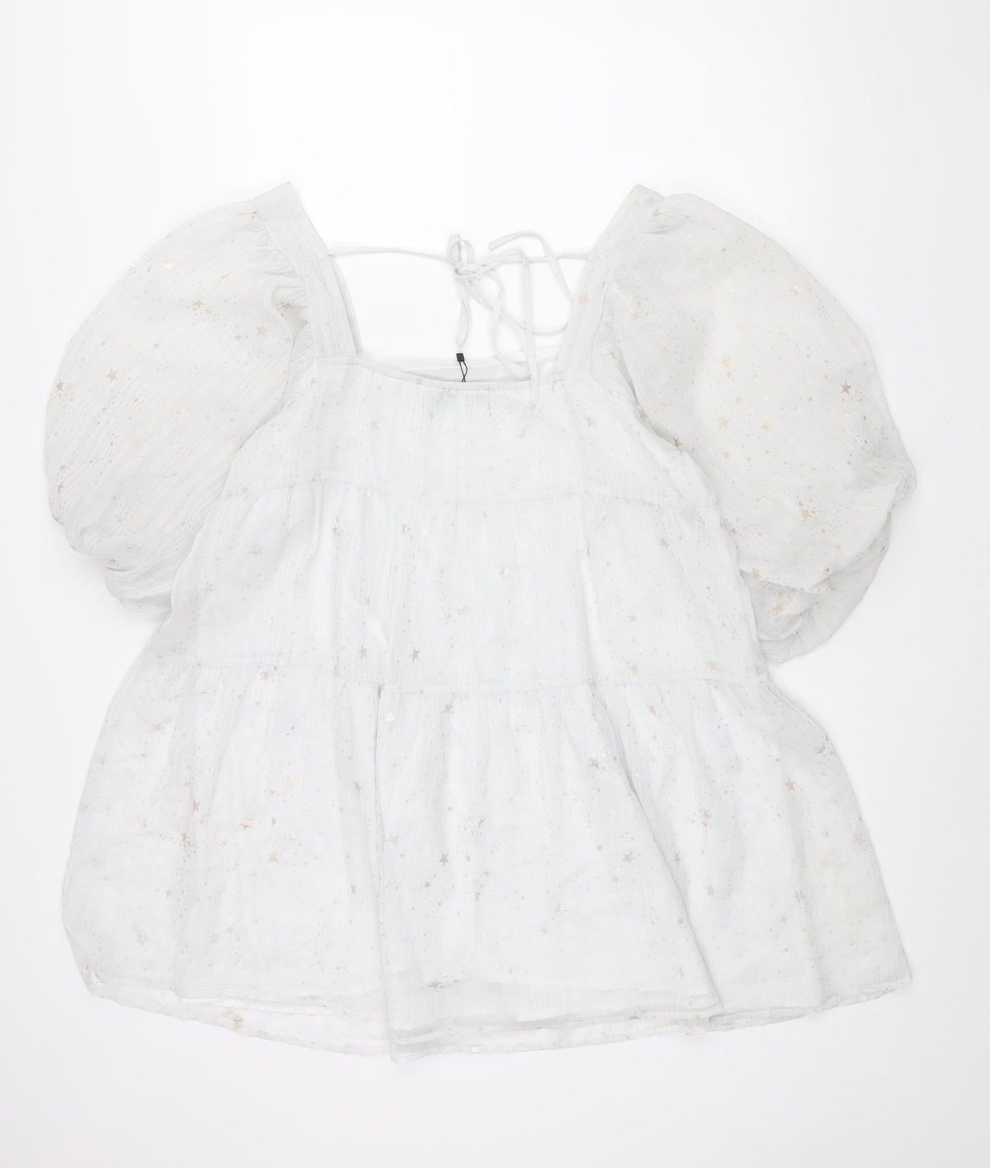 Nasty Gal Womens White Geometric Polyester A-Line Size 12 Square Neck Tie - Puff Sleeve Star Print Smocked