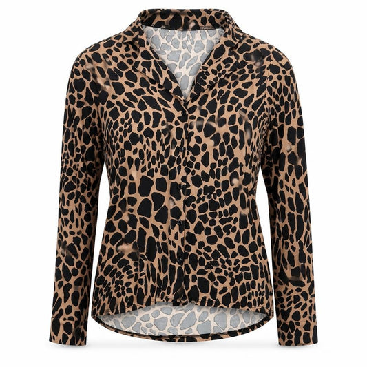 Front view of Lipsy women’s brown animal print polyester basic button-up, size UK 10, collared - giraffe print