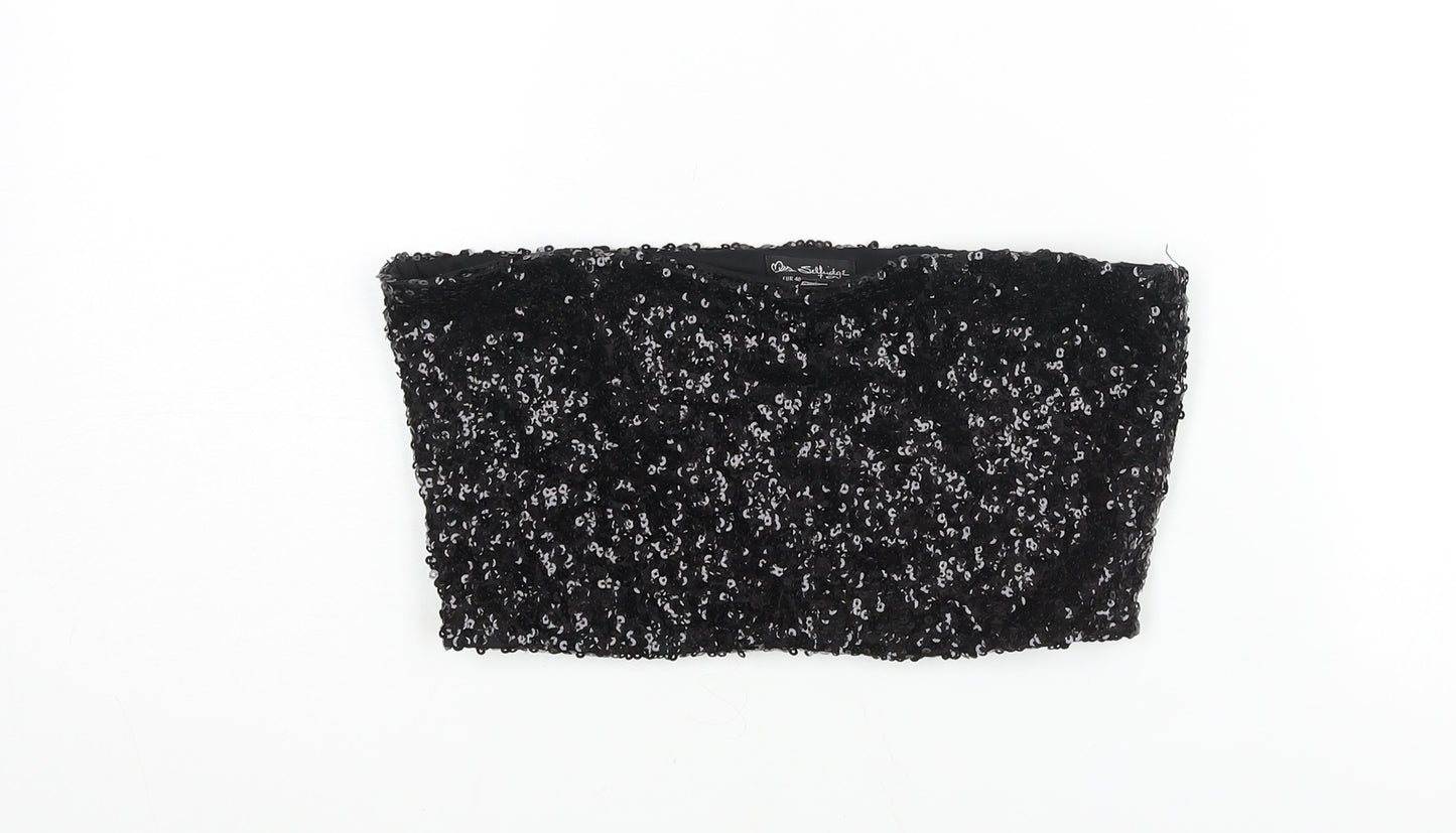 Miss Selfridge Womens Black Polyester Cropped Blouse Size 12 Square Neck - Sequin Bandeau