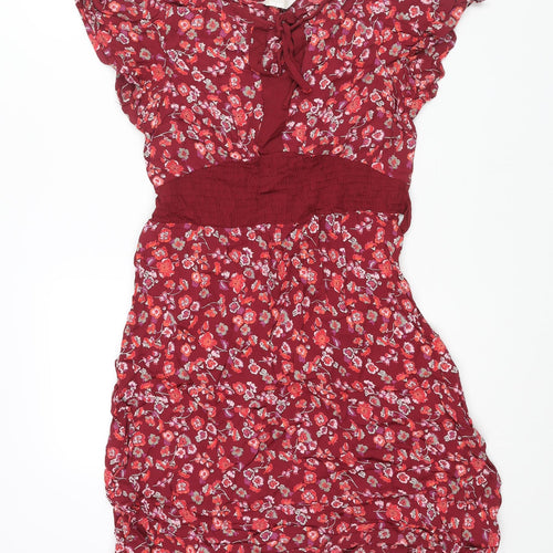 BHS Womens Red Floral Viscose Shift Size 16 Round Neck Tie - Keyhole Neck Belted
