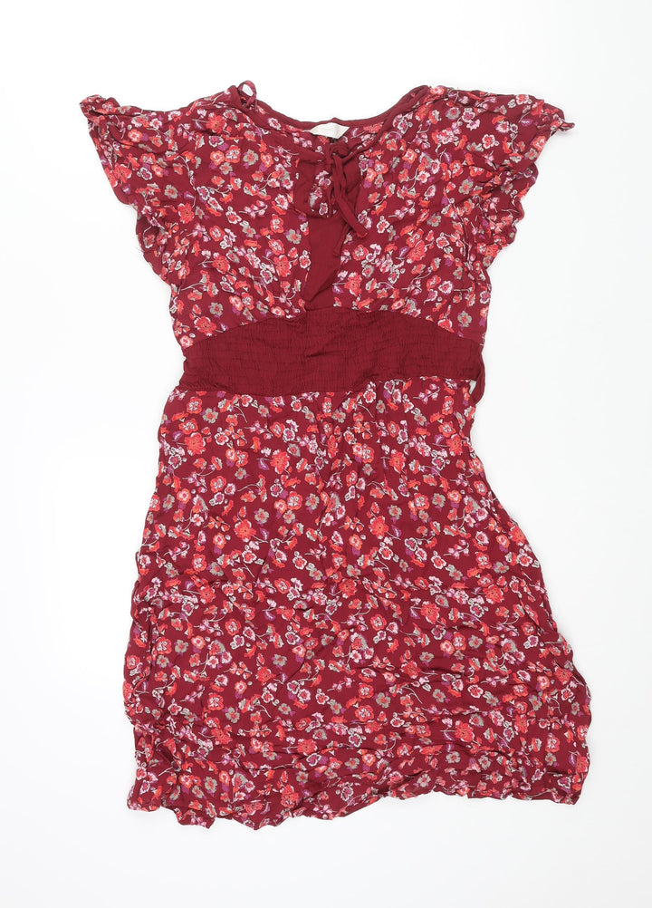BHS Womens Red Floral Viscose Shift Size 16 Round Neck Tie - Keyhole Neck Belted