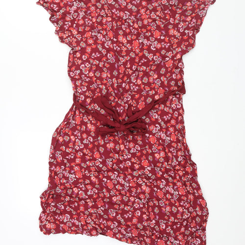 BHS Womens Red Floral Viscose Shift Size 16 Round Neck Tie - Keyhole Neck Belted
