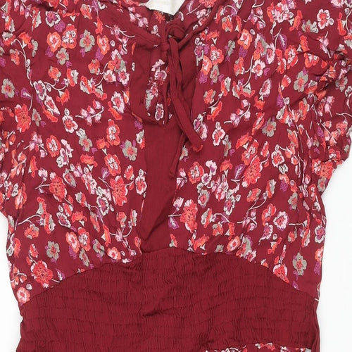 BHS Womens Red Floral Viscose Shift Size 16 Round Neck Tie - Keyhole Neck Belted