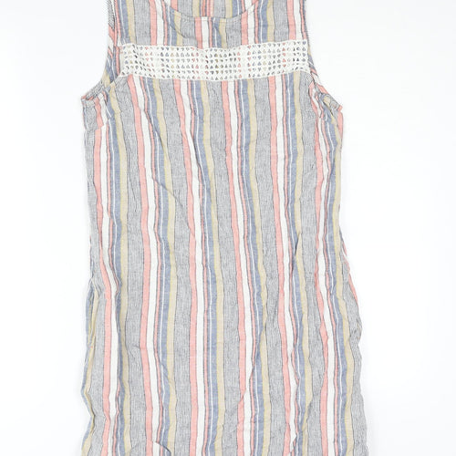NEXT Womens Multicoloured Striped Linen Shift Size 8 Round Neck Button - Lace Detail