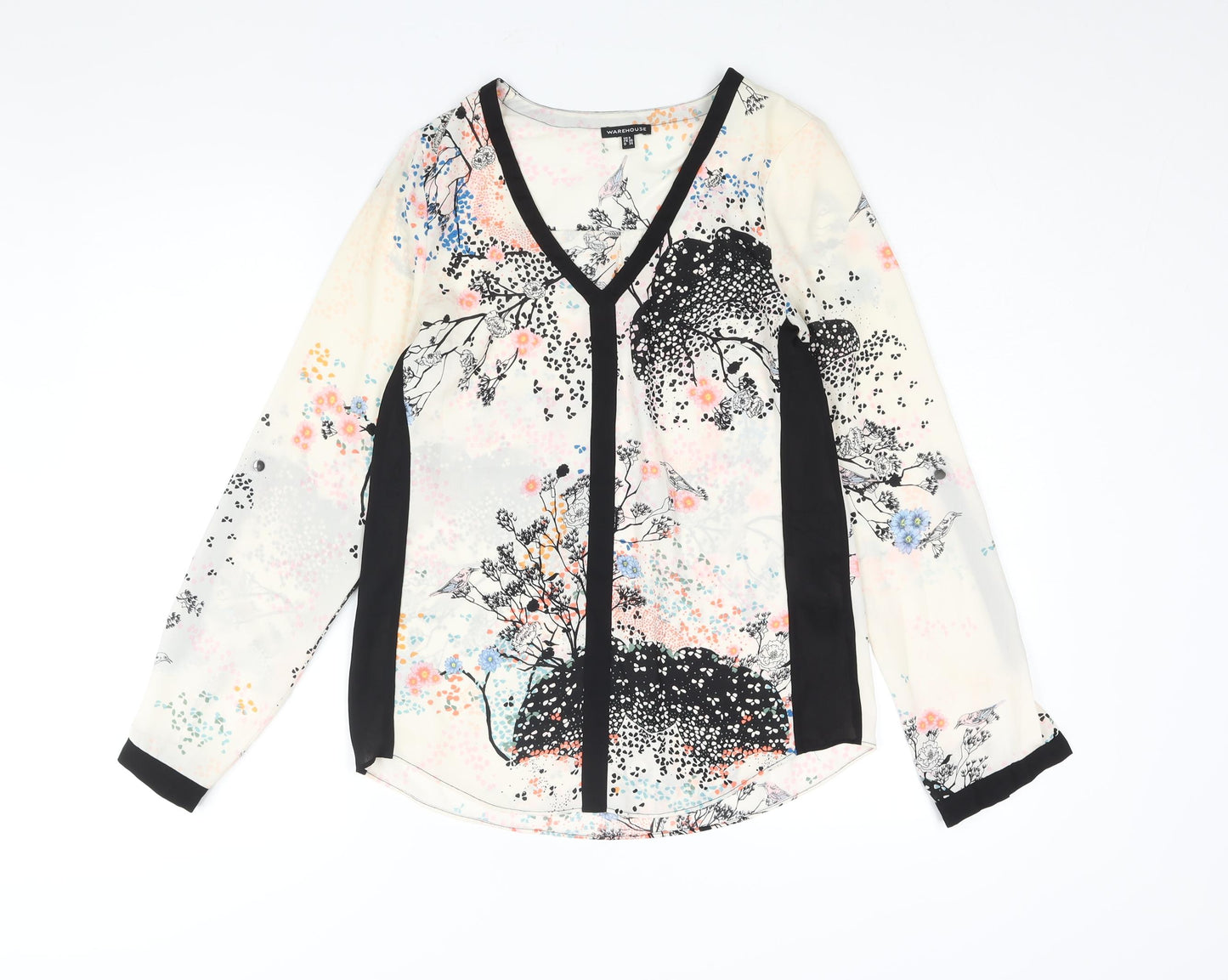 Warehouse Womens Ivory Geometric Polyester Basic Blouse Size 8 V-Neck - Floral Tree Print