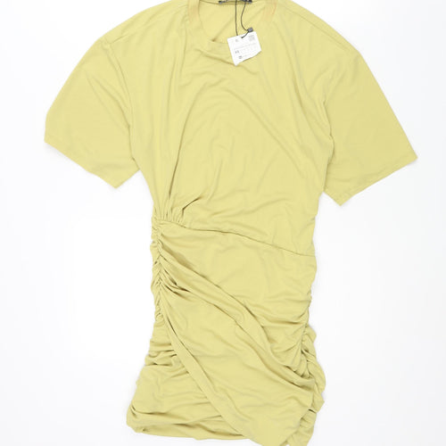 Zara Womens Green Polyester Mini Size XS Round Neck Pullover - Rouched