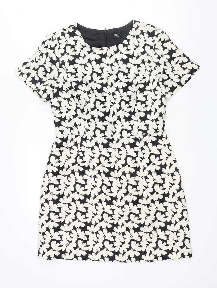 Oasis Womens Ivory Floral Polyester A-Line Size 12 Round Neck Zip