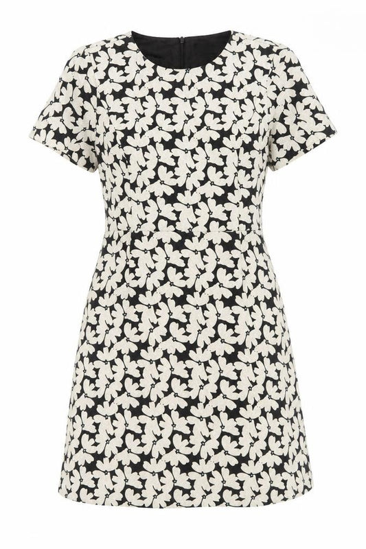 Front view of Oasis women’s ivory floral polyester a-line, size UK 12, round neck zip
