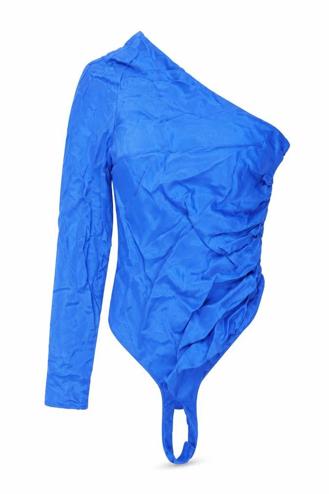 Front view of Zara women’s blue polyester bodysuit one-piece, size S, snap - rouched