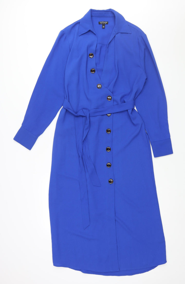 Topshop Womens Black Polyester Shirt Dress Size 10 Collared Button - Belted