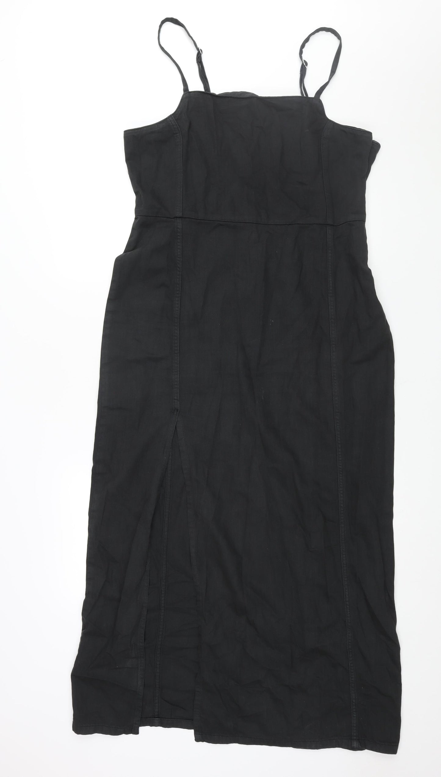 Monki Womens Black Cotton Shift Size 16 Square Neck Zip - Front Slit
