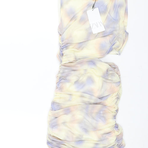 Zara Womens Multicoloured Geometric Polyester Mini Size S Round Neck Zip - Rouched Cut Out