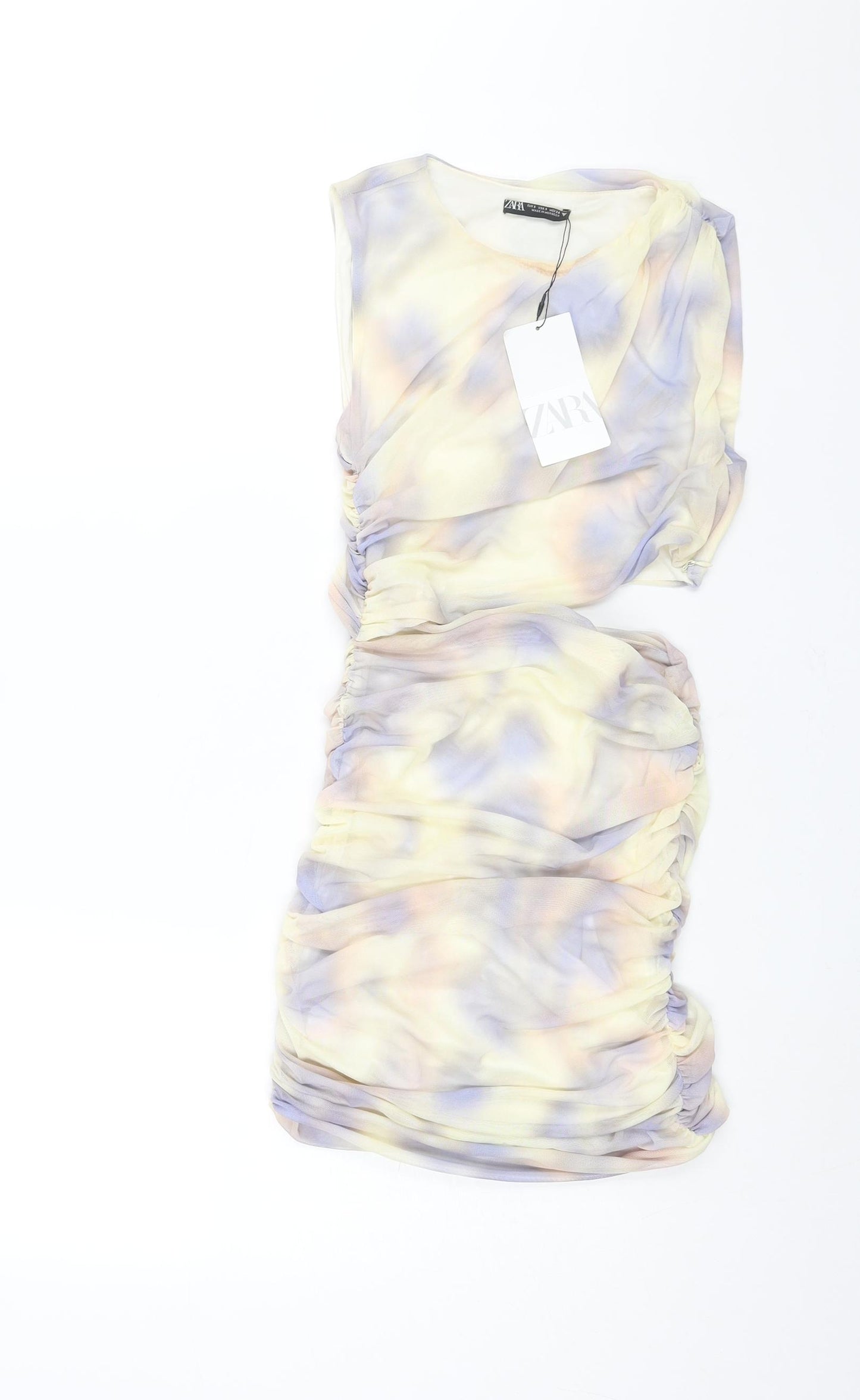 Zara Womens Multicoloured Geometric Polyester Mini Size S Round Neck Zip - Rouched Cut Out