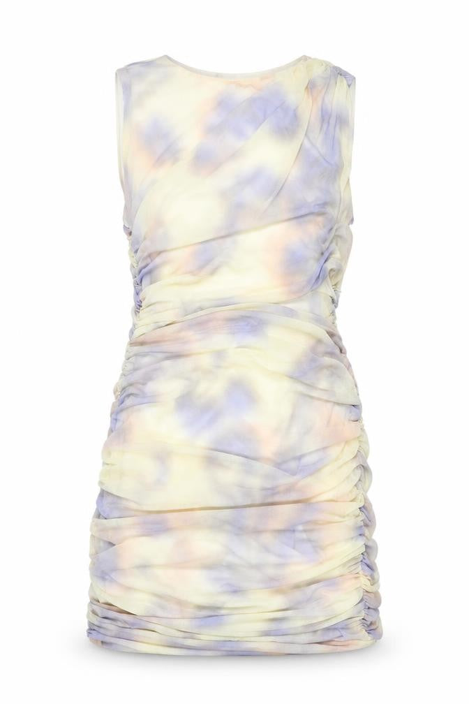 Front view of Zara women’s multicoloured geometric polyester mini, size S, round neck zip - rouched cut out