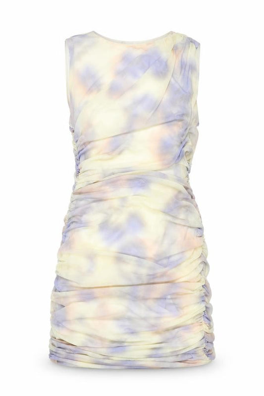 Front view of Zara women’s multicoloured geometric polyester mini, size S, round neck zip - rouched cut out