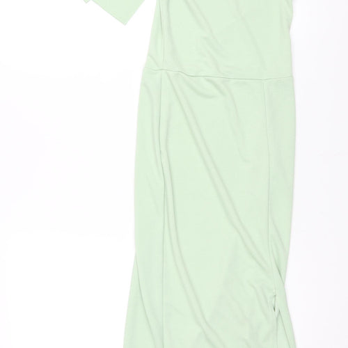 PRETTYLITTLETHING Womens Green Polyester Pencil Dress Size 4 One Shoulder Pullover - Front Slit