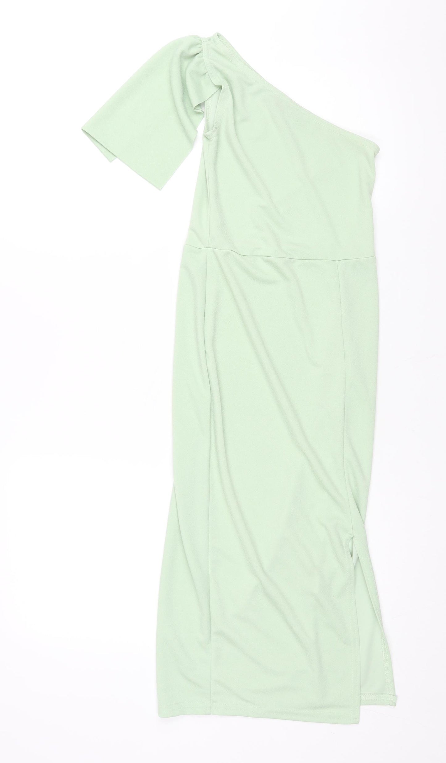 PRETTYLITTLETHING Womens Green Polyester Pencil Dress Size 4 One Shoulder Pullover - Front Slit