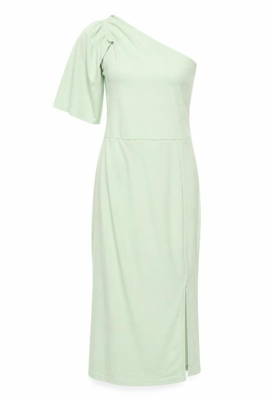 Front view of PRETTYLITTLETHING women’s green polyester pencil dress, size UK 4, one shoulder pullover - front slit