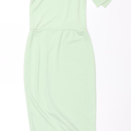 PRETTYLITTLETHING Womens Green Polyester Pencil Dress Size 4 One Shoulder Pullover - Front Slit