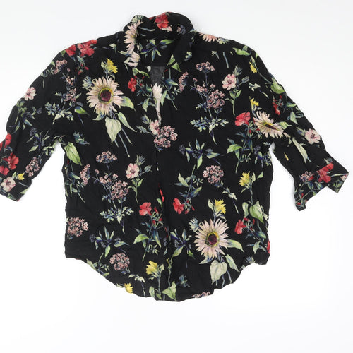 Zara Womens Black Floral Viscose Basic Button-Up Size S Collared