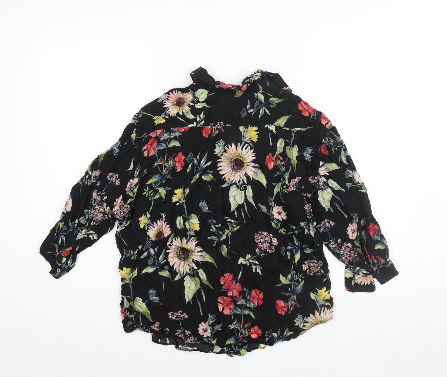 Zara Womens Black Floral Viscose Basic Button-Up Size S Collared