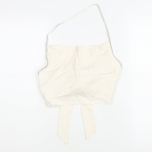 Zara Womens Ivory Viscose Cropped Blouse Size S Halter - Rhinestone Trim Backless