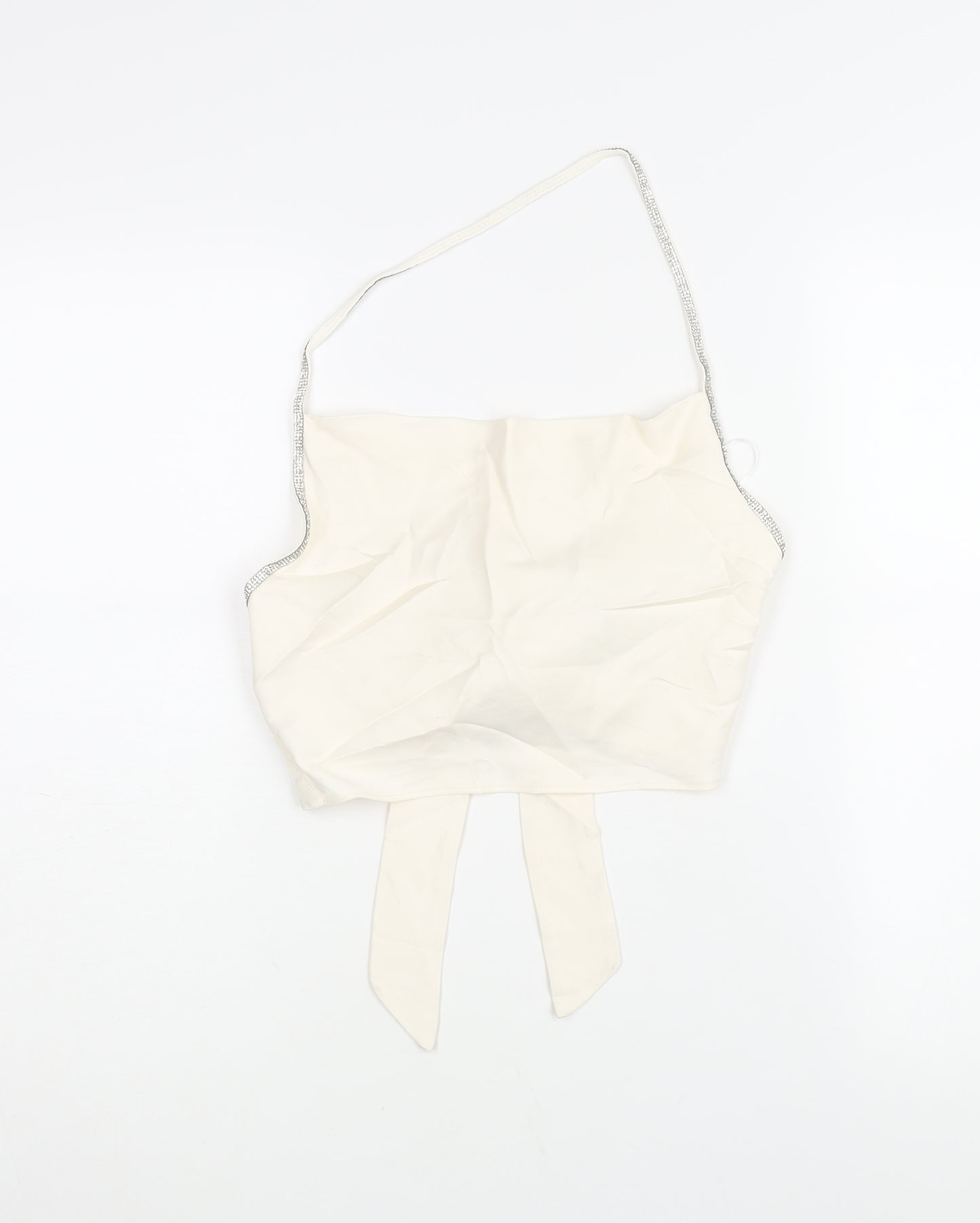 Zara Womens Ivory Viscose Cropped Blouse Size S Halter - Rhinestone Trim Backless