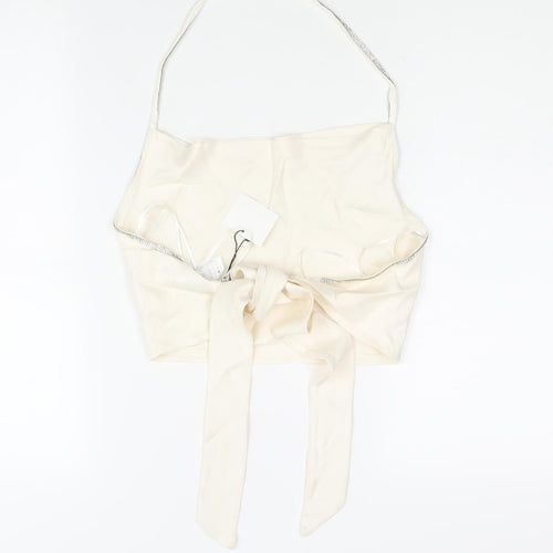 Zara Womens Ivory Viscose Cropped Blouse Size S Halter - Rhinestone Trim Backless