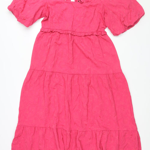 Marks and Spencer Womens Pink Polyester Maxi Size 14 Scoop Neck Tie - Puff Sleeve Smocked