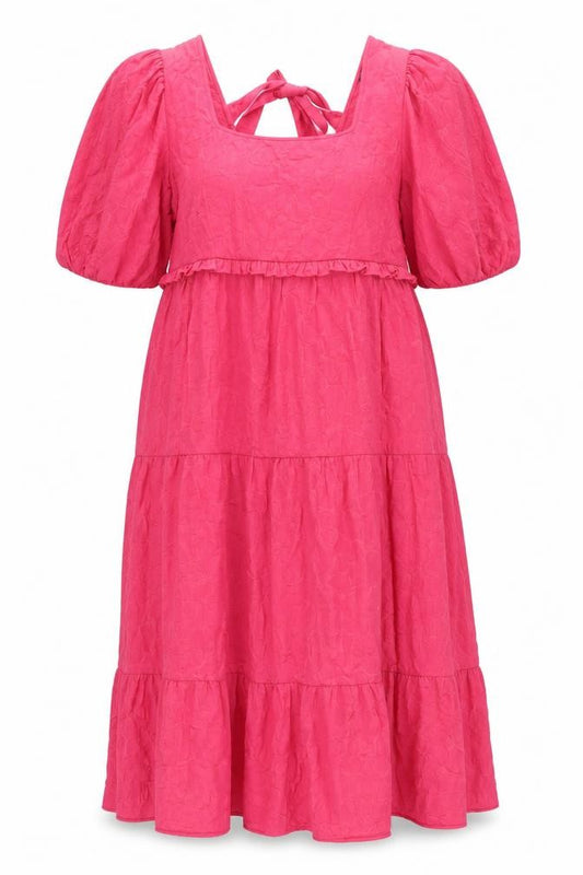 Front view of Marks & Spencer women’s pink polyester maxi, size UK 14, scoop neck tie - puff sleeve smocked