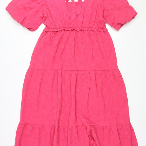 Marks and Spencer Womens Pink Polyester Maxi Size 14 Scoop Neck Tie - Puff Sleeve Smocked