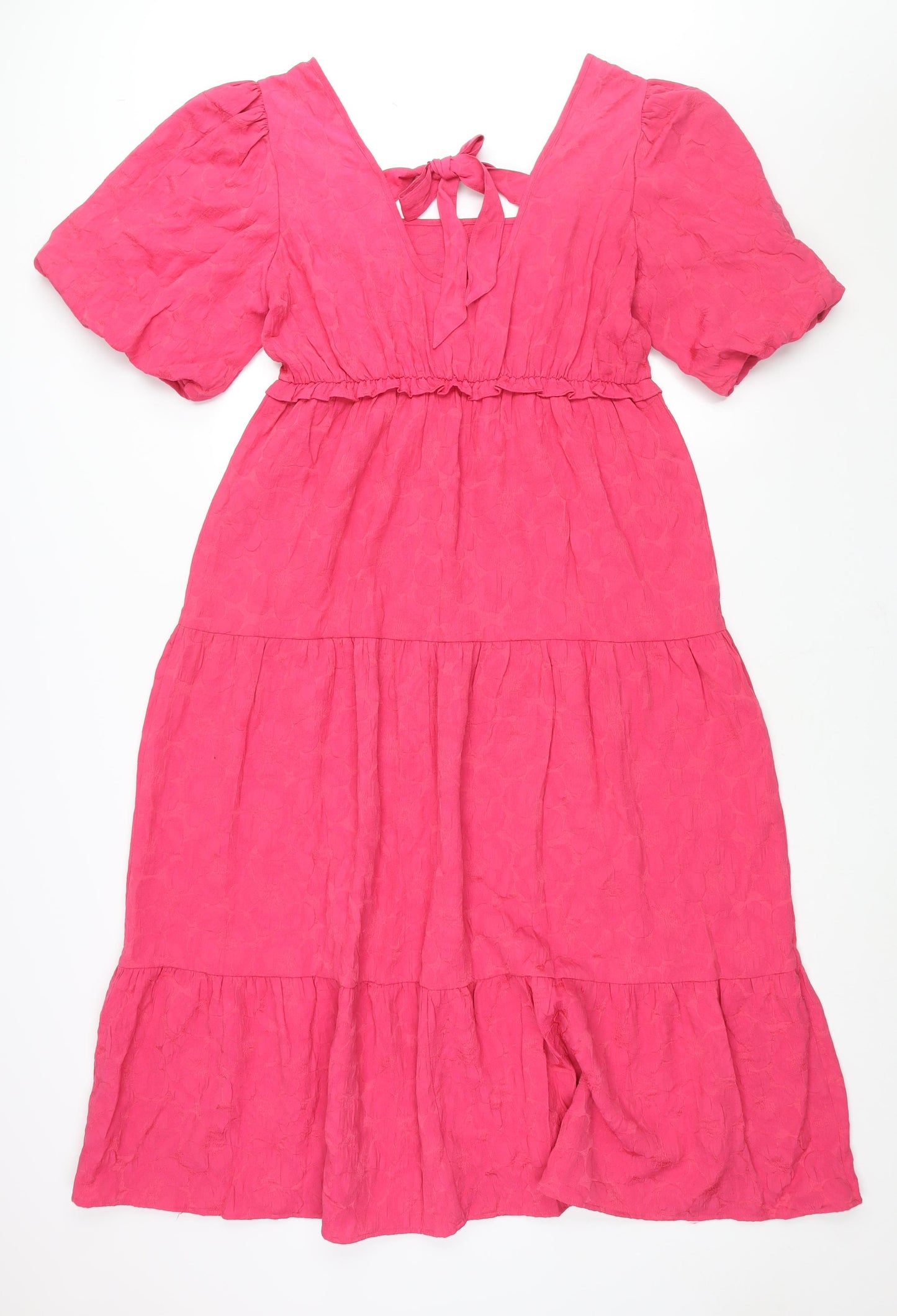 Marks and Spencer Womens Pink Polyester Maxi Size 14 Scoop Neck Tie - Puff Sleeve Smocked