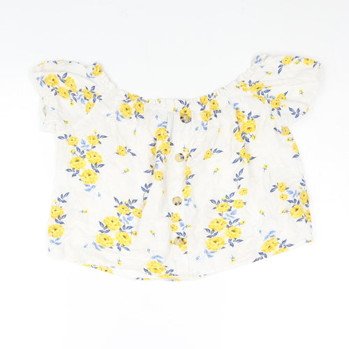 Divided by H&M Womens White Floral Viscose Basic Blouse Size 10 Boat Neck - Button Detail