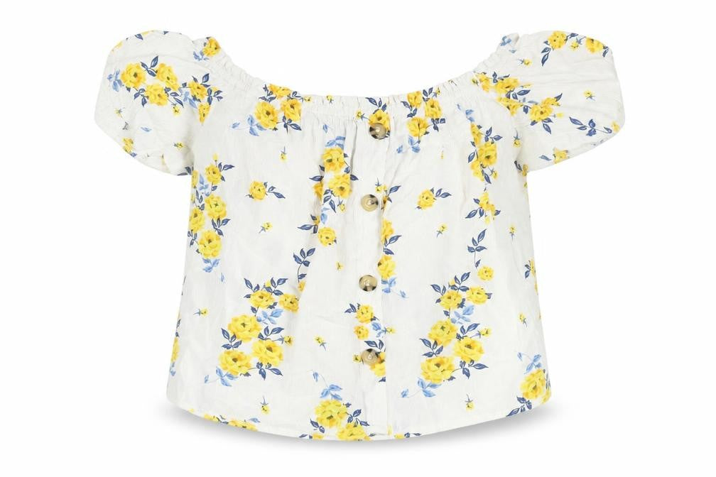 Front view of Divided by H&M women’s white floral viscose basic blouse, size UK 10, boat neck - button detail