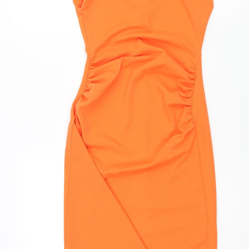 Zara Womens Orange Polyester Pencil Dress Size S Round Neck Pullover - Shoulder Pads Rouched