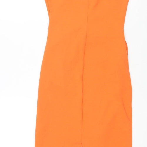 Zara Womens Orange Polyester Pencil Dress Size S Round Neck Pullover - Shoulder Pads Rouched
