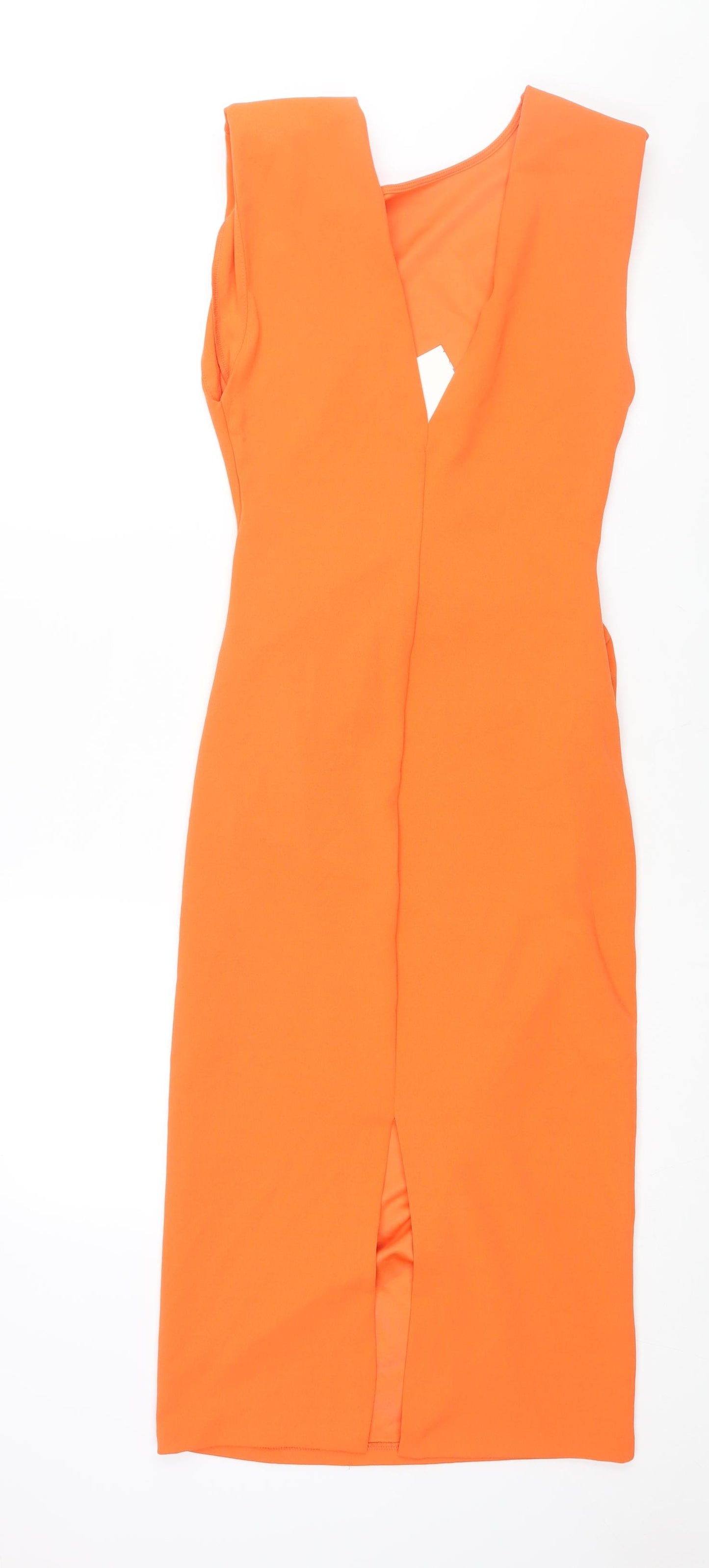 Zara Womens Orange Polyester Pencil Dress Size S Round Neck Pullover - Shoulder Pads Rouched