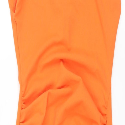 Zara Womens Orange Polyester Pencil Dress Size S Round Neck Pullover - Shoulder Pads Rouched