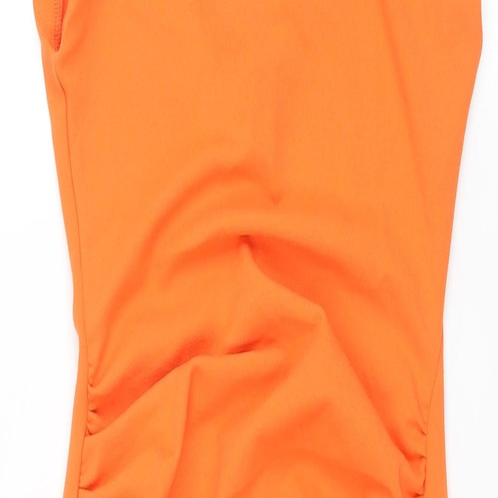 Zara Womens Orange Polyester Pencil Dress Size S Round Neck Pullover - Shoulder Pads Rouched