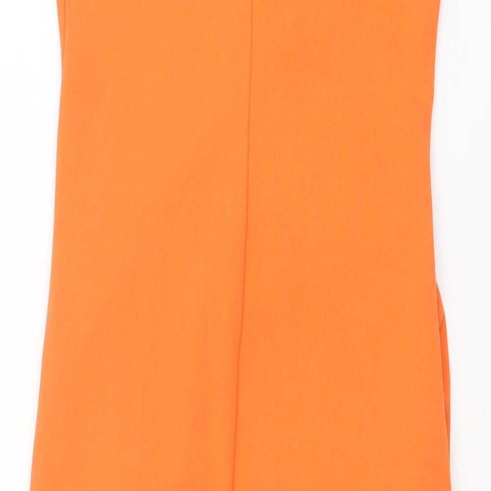 Zara Womens Orange Polyester Pencil Dress Size S Round Neck Pullover - Shoulder Pads Rouched